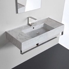 Marble Design Ceramic Wall Mounted Sink With Counter Space, Towel Bar Included